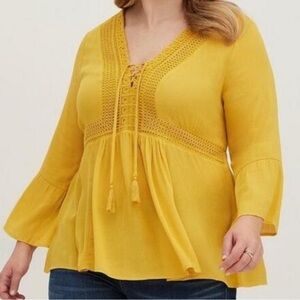 Torrid Mustard Crinkle Gauze Babydoll Blouse Quarter Length Sleeve Size 3x 22/24